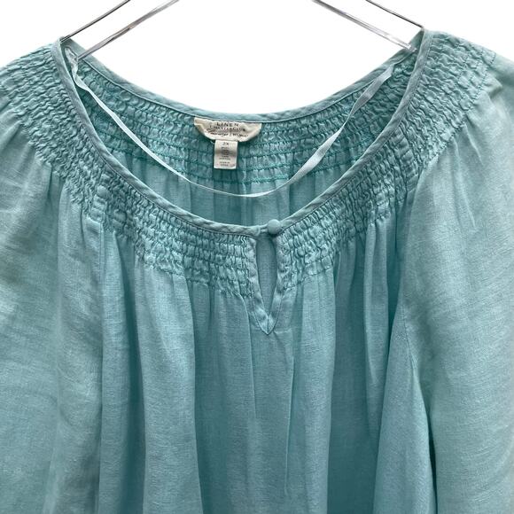 Charter Club Linen Luxury Blue Peasant Style Smocked Neckline Top Size 2X - Picture 2 of 9